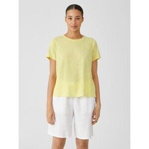 NWT Eileen Fisher 100% Organic Linen Jersey Crew Neck T Shirt Citrus Yellow XXS